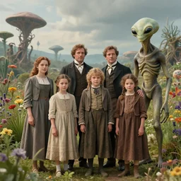 still from a sci fi blockbuster movie made in 2022, set in 1860, of a family standing next to some strange wild alien plants and flowers, family are wearing 1850s era clothes, a humanoid alien standing nearby, in a park on a strange alien planet, good lighting, 4k, in focus faces, detailed faces, good photography, 35mm macro lens