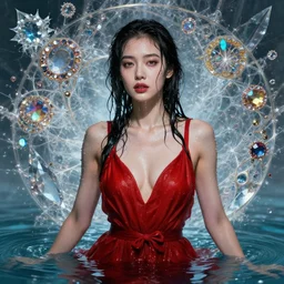 portrait of a beautiful woman wearing a red dress, drenched body, wet dripping hair, emerging from the water, fantasy, regal, fractal crystal, fractal gems, by stanley artgerm lau, greg rutkowski, thomas kindkade, alphonse mucha, loish, norman rockwell ross tran