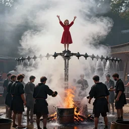 Iron becks are dripping from a thousand spouts, filling the air with steam. A girl in a long red dress is standing on top of an iron beak and singing to herself as she waves her arms about. Below her, a team of men in black tunics stand around a barrel, pouring water onto the burning fire. The water splashes up and outwards, creating clouds of white mist before it disappears back down again.