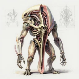 a 1 7 0 0 s bestiary of a unique biomechanical living alien weapon with a cross section down the middle showing bone and a thin layer of pale skin, detailed description of certain parts of the organic machine, 3 d sketch, lines, measurements, colored, detailed, tubes