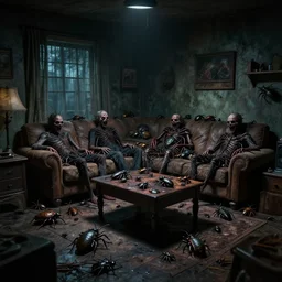 millions of Horrifying bugs in a small cramped dark living room, ominous, 4K, high octane,