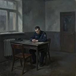 dark oil realistic painting a gaunt man sits alone at a table in a depressing gloomy soviet police station