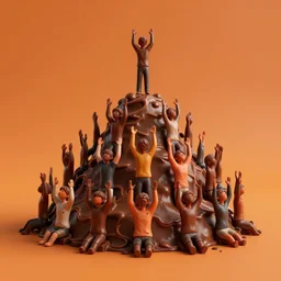 pile of despairing humans with arms upstretched in prayer in the shape of chocolate mound, burnt orange background, 3 d render, crisp, 8 k, fluorescent colors, nikon photography