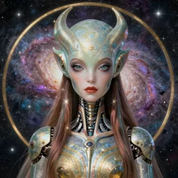 detailed realistic beautiful young cher alien robot as queen of andromeda galaxy portrait by jean delville, gustave dore and marco mazzoni, art nouveau, symbolist, visionary, baroque, giant fractal details. horizontal symmetry by zdzisław beksinski, iris van herpen!, raymond swanland and alphonse mucha. highly detailed, hyper - real, beautiful
