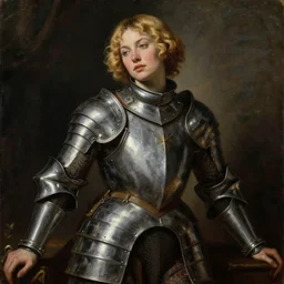 sultry saoirse ronan, short curly blonde hair, wearing medieval armour, seductive pose, portrait, oil painting by titian, hard focus