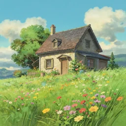 a painting of a house in a field of flowers, a matte painting by studio ghibli, cgsociety, magical realism, matte painting, unreal engine 5
