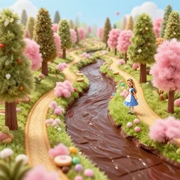 an ultra realistic dream landscape of a chocolate river, trees made of candies cotton candy bushes roads made of buiscuits, octane render, unreal engine, 4 k, masterpiece, tilt shift, david lachapelle, alice in wonderland, trending on artstation,