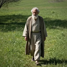 old prophet wandering about a meadow. noon. direct overhead sunlight. harsh shadows. aperture 1 6.