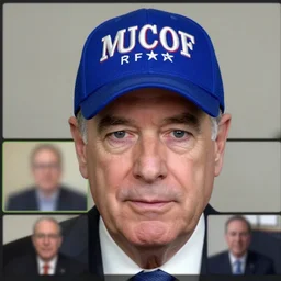 chuck schumer on a zoom call wearing a maga hat