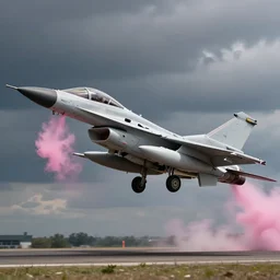 photograph of fighter jet gender reveal, dropping pink powder, 50mm, professional photography,