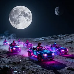 Neon Zombie Rave at the moon; neon race; dreamworks; art direction by James Cameron; concept by Ben Wanat; Thomas Kinnlade; surface of the moon, glistening in marvelous neon