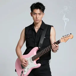 asian rocker guy with a serious expression, wearing a black vest and playing a pink guitar, smoke in the background, full color digital illustration in the style of don bluth, artgerm, artstation trending, 4 k
