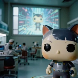 fuji 5 0 r, 3 5 mm, seinen manga, hyperrealism ; closeup ran film still of busy medical bay interior with window view ; in the background projection of beautiful matrix film still of funko pop cat statue in style of 1 9 9 0 frontier in extreme closeup porcelain photography magazine architectural studio edition, highly detailed, cinematic lighting, 8 k