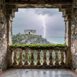 indoor photography of highly detailed tulum balcony made with moss, gloomy foggy epic sunny lightning, detailed, rule of thirds epic shot surreal architecture stone and marble