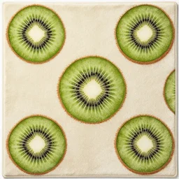 professional photo of rug texture with massive kiwi fruits ornaments, top view, symmetrical, beautiful, square