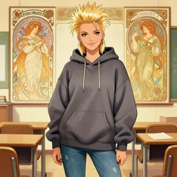 muscled blonde female punk wearing an oversized hoodie and jeans, smirking, classroom background, intricate illustration by krenz cushart, alphonse mucha, artgerm, trending on artstation