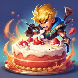ziggs from league of legends, eating a giant cake, league of legends splash art, digital art, vibrant colors,