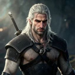 shirtless geralt in the witcher 3, splash art, movie still, detailed face, cinematic lighting, ray tracing, octane render, long lens, shallow depth of field, bokeh, anamorphic lens flare, 8 k, hyper detailed, 3 5 mm film grain