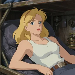 Character portrait of a tank top-clad blonde female airship mechanic resting in her cramped bunk, steampunk, beautiful face, striking eyes, highly detailed, digital art, cel shading, vintage anime still, by Studio Ghibli and Disney Animation, Artgerm
