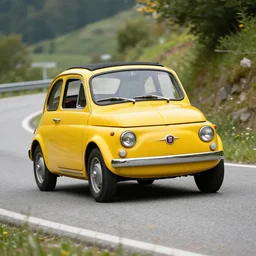 A very beautiful photo of an old yellow Fiat 500 racing on a mountain road