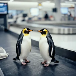 two penguins on airport baggage claim conveyor belt. ektachrome,