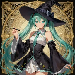 a beautiful portrait of hatsune miku as a witch, fantasy, intricate, elegant, highly detailed, digital painting, artstation, concept art, matte, sharp focus, illustration, art by greg rutkowski and alphonse mucha