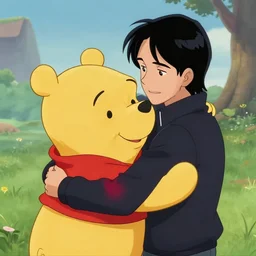 winnie the pooh and gordon freeman hug each other after not seeing each other for a long time