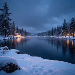 snowy swedish lake, rainy midnight, cinematic, vibrant, raytracing, 8 k, intense detail, artstation, realistic, hyper detailed