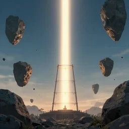 beacon beam piercing the skies surrounded by floating rocks