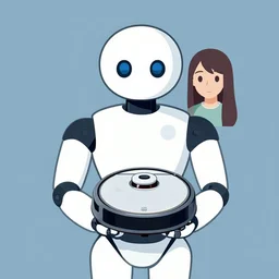a robot holding its pet roomba. simple background. clean cel shaded vector art by lois van baarle, artgerm, helen huang, by makoto shinkai and ilya kuvshinov, rossdraws, illustration, art by ilya kuvshinov
