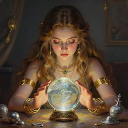 a portrait of girl fortuneteller at a table, crystal ball, gold bracelets, gold necklace, silver magic, fantasy, dungeons and dragons, an ultrafine detailed painting, chibi, detailed painting, boris valejo. octopath traveler decal!!!