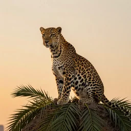 “ leopard sitting on the top of a palm tree, sunset in background ”
