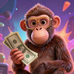 Monkey wearing Gold glasses, holding some monopoly money in his hand, mattepainting concept Blizzard pixar maya engine on stylized background splash comics global illumination lighting artstation lois van baarle, ilya kuvshinov, rossdraws