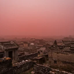 an ancient city! lost in time!! fog! red haze! photography! realistic!!