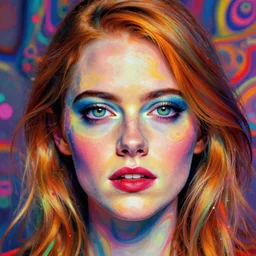 emma stone lookalike portrait by greg rutkowski and charlie bowater, vivid, artgerm, aesthetic, fine details, colorful swirls, gaudy colors, luminescent, organic matte painting, realistic eyes, masterpiece, busy background, bokeh, depth of field