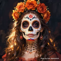 Illustration of a sugar skull day of the dead girl, art by tom hammick
