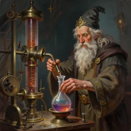 an old wizard operating a random pointlessly elaborate intricate contraption pneumatic machine, extracting a healing potion, anatomically correct hands, dnd character art portrait, matte fantasy painting, deviantart artstation, by jeff easley by steve argyle by tyler jacobson, cinematic lighting