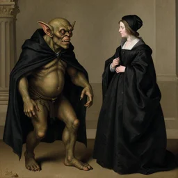a goblin monster and a woman in a black cloak, by Hans Holbein the Younger