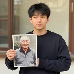 young man holding a photograph of him as a old man