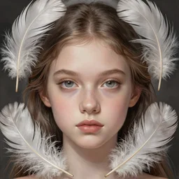 A portrait of a girl surrounded by delicate feathers, face, intricate, elegant, highly detailed, digital painting, artstation, concept art, smooth, sharp focus, illustration, art by Krenz Cushart and Artem Demura and alphonse mucha