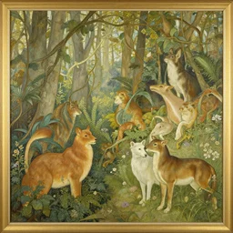 a beautiful painting of wild animals in the woods with vines and ferns and flowers, painted by carl larsson and alphonse mucha