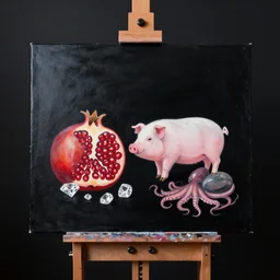 painting of a black painted canvas on an easel in a dark room with black walls, pomegranate, pig, pork, octopus, large diamonds gems, smooth stone, minimalist, oil on canvas