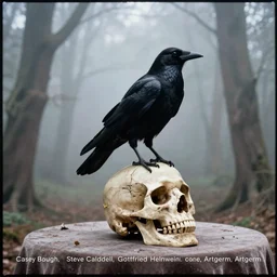 a Raven standing on human skull on a table in a foggy forest, by Casey Baugh, Steve Caldwell, Gottfried Helnwein, and Artgerm, sharp focus, 8k resolution, masterpiece work, pristine condition film still from 1980