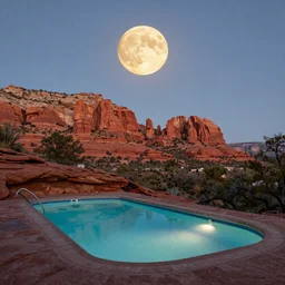 a lit swimming pool surrounded by Red Rock in Sedona Arizona, a large bright full moon above, golden hour,