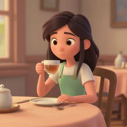 a girl sitting on a dinner having tea, pixar style