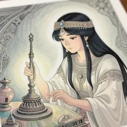aztec soothsayer gazing into a magical apparatus. serigraphy by award - winning mangaka, backlighting, intricate details, muted pastel palette, depth of field.