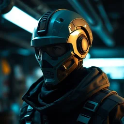 a masked laboratory engineer man seen from a distance, scifi character portrait by greg rutkowski, craig mullins, 1 / 4 headshot, cinematic lighting, dystopian scifi outfit, profile picture, mechanical, cyborg, half robot