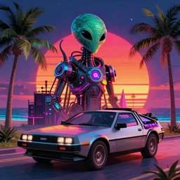 deep dark style alien dark sunset electronic machine monster vibrant colours miami beach sunset vapor wave palm trees 80s synth retrowave delorean decal car wide shot epic post apocalyptic landscape miami nuke fire craters