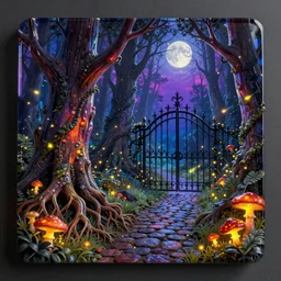 a beautiful digital glossy clear sharp of a detailed gothic fantasy fireflies forest trees roots mushrooms fireflies moonlight and iron gate cobblestone pathway vines colorful sky by james gurney, 8 k resolution trending on artstation concept art digital illustration