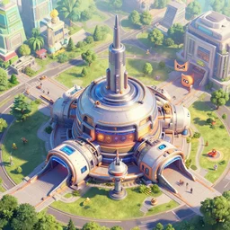 art by filip hodas, pixar, and artgerm. level design fusion reactor, clean, advertising, entertainments, outside, exterior, fly view, isometric